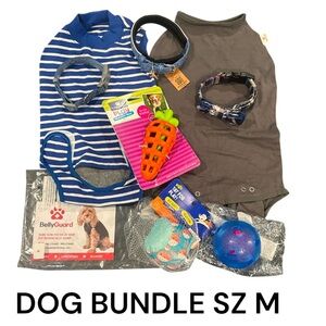 New Dog toys collars and Belly Guard onesies sz M